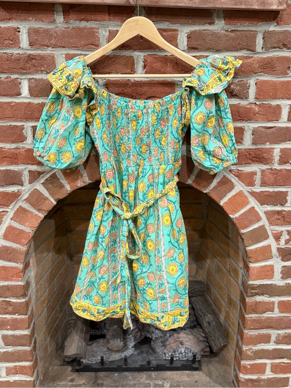 Victoria Dunn Aqua Floral Smocked Mini Dress with Yellow & Pink Accents